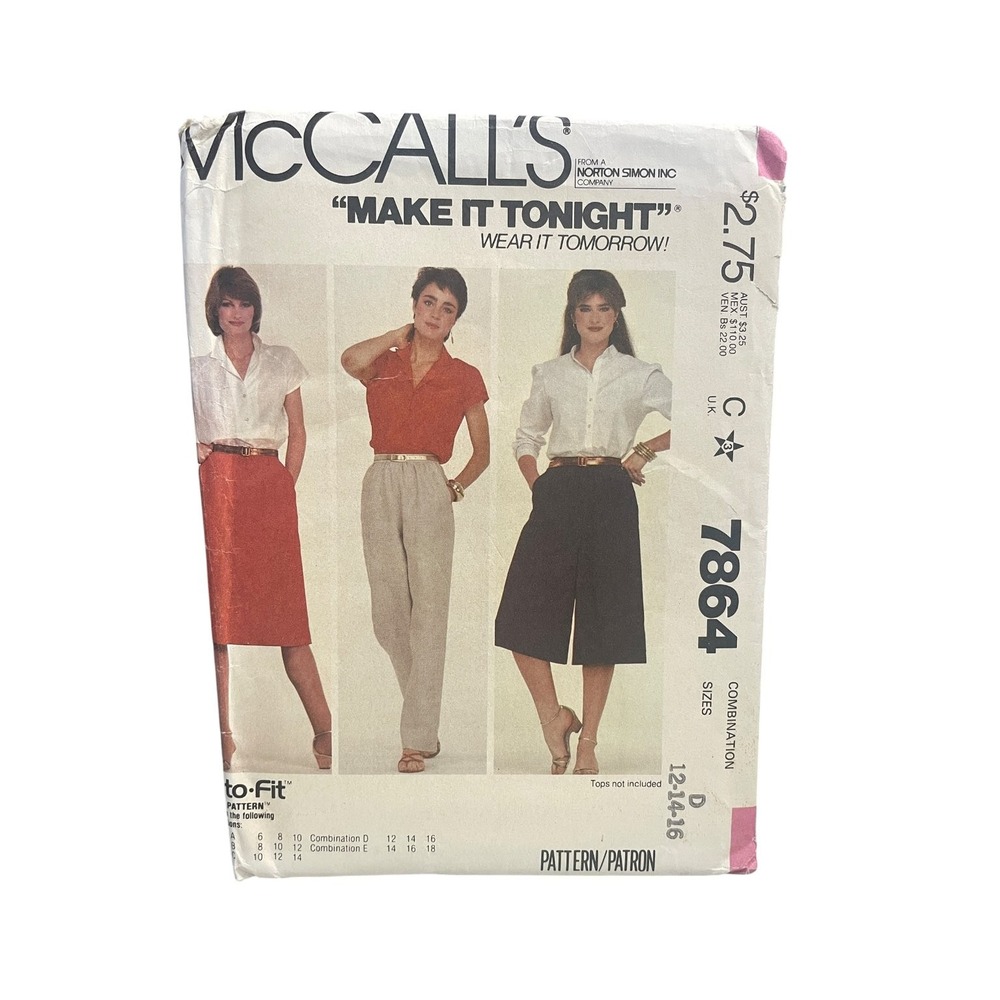 McCall's 7864 Skirt Pants Culottes Size 12 14 16 1980s Retro UNCUT